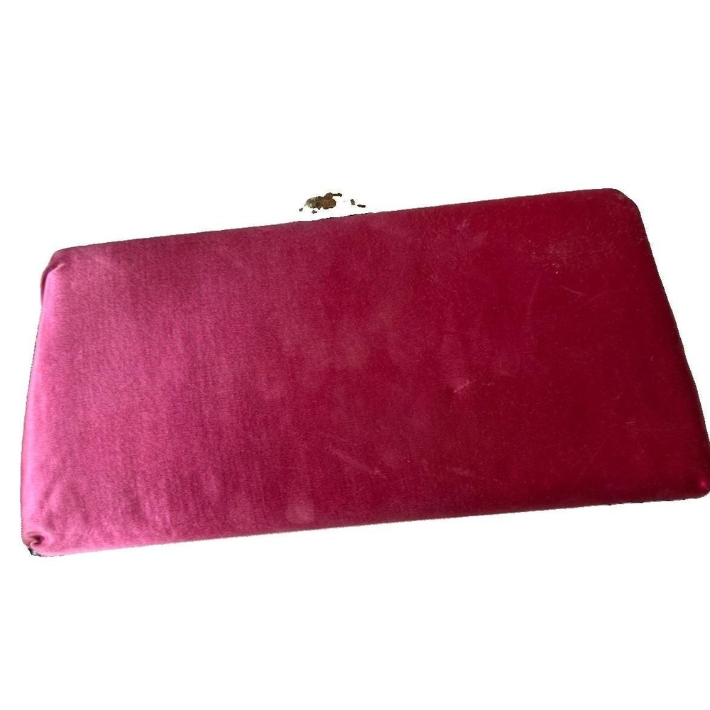 VTG 60s 70s Barbie Pink Satin Clutch Gold Frame Shell Clasp Chain Bag